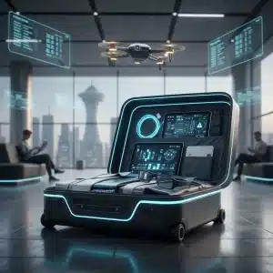 Futuristic suitcase revealing innovative travel gadgets and smart packing solutions for modern adventurers