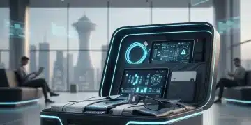 Futuristic suitcase revealing innovative travel gadgets and smart packing solutions for modern adventurers