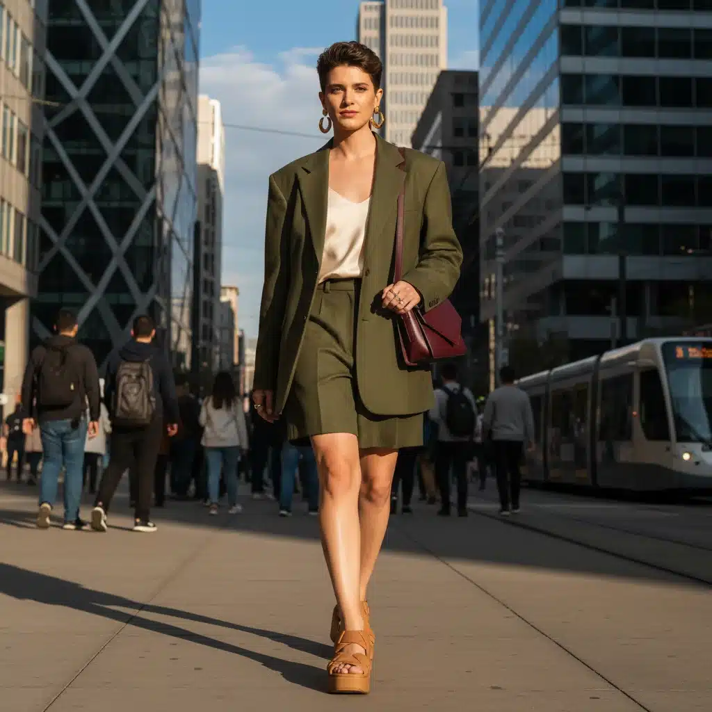 Gender-neutral oversized blazer with tailored shorts urban fashion