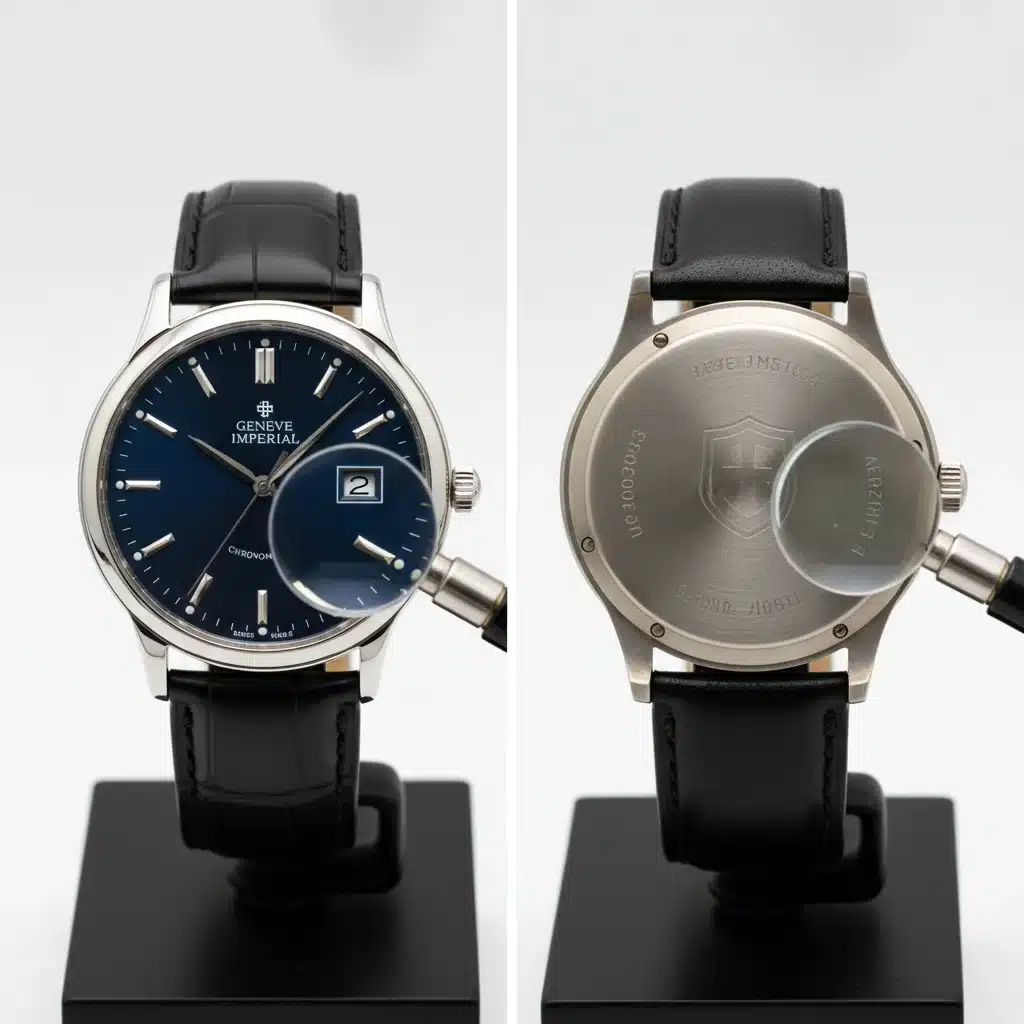 Genuine vs fake luxury watch comparison, focusing on intricate details
