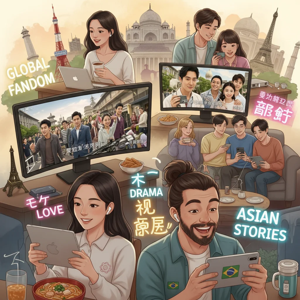 Diverse global audience watching dorama on multiple devices, showcasing international reach.