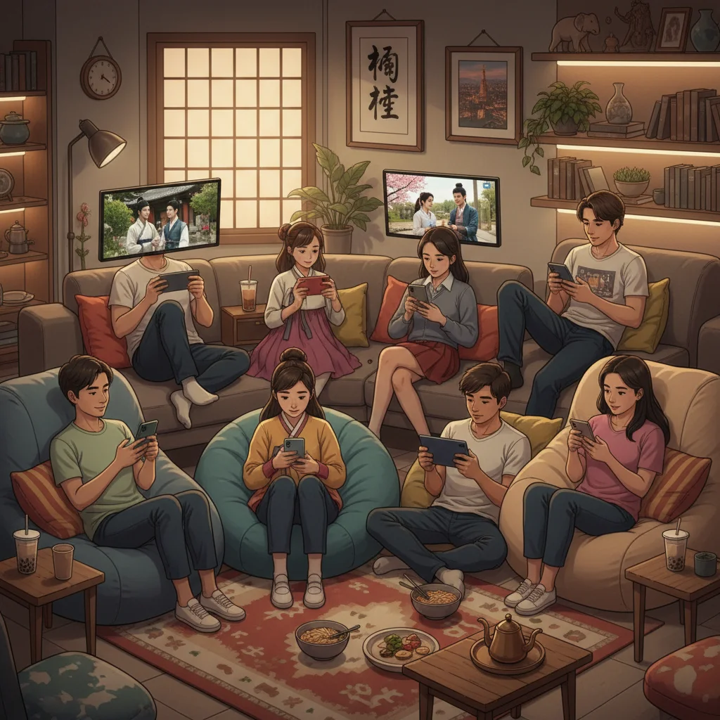 Young global audience engrossed in various dorama content on mobile devices, illustrating personalized viewing experiences.