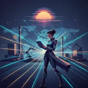 Global supply chain network with digital overlay and fashion designer sketching, symbolizing future trends.