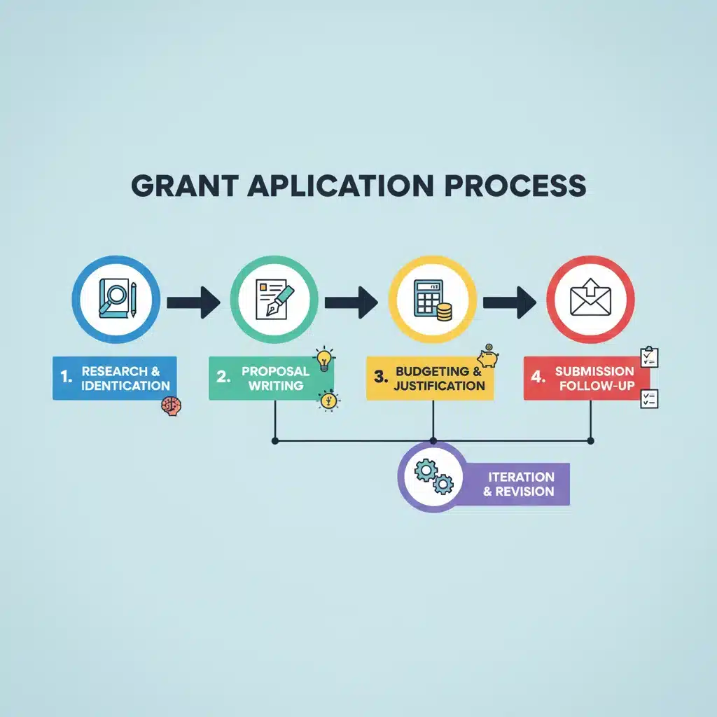 Infographic showing steps of a grant application process: research, proposal, budget, submission.