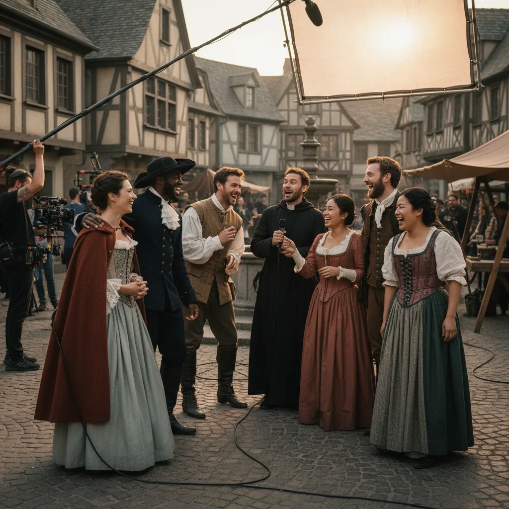 Behind-the-scenes shot of a historical drama cast, showing actors in period costumes on set.