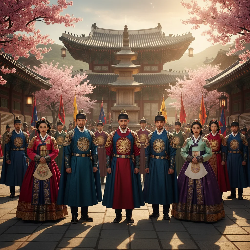 Actors in traditional Korean attire on a historical drama set.