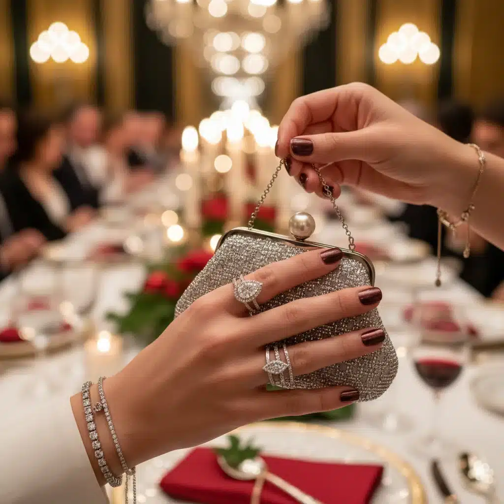 Close-up of hands with sparkling jewelry and clutch at holiday dinner.