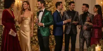 Holiday Party Outfits 2026: Stand Out with These 5 Festive Combinations Stylish individuals showcasing diverse holiday party outfits at a festive gathering