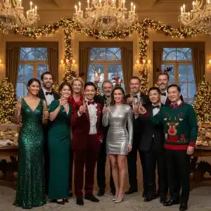 Diverse group in elegant festive holiday outfits at a sparkling party.