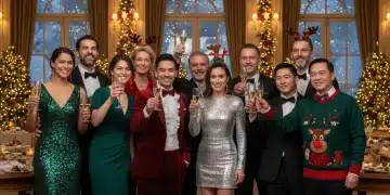 Diverse group in elegant festive holiday outfits at a sparkling party.