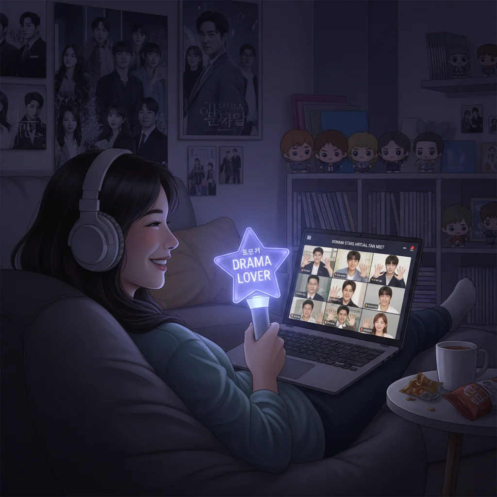 Fan enjoying a virtual dorama meet-and-greet from home with merchandise