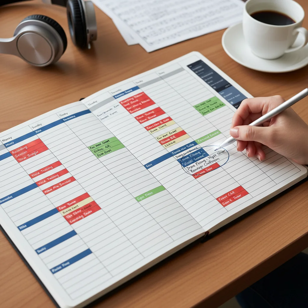 Detailed weekly planner showing a dorama idol's packed schedule with music and acting commitments