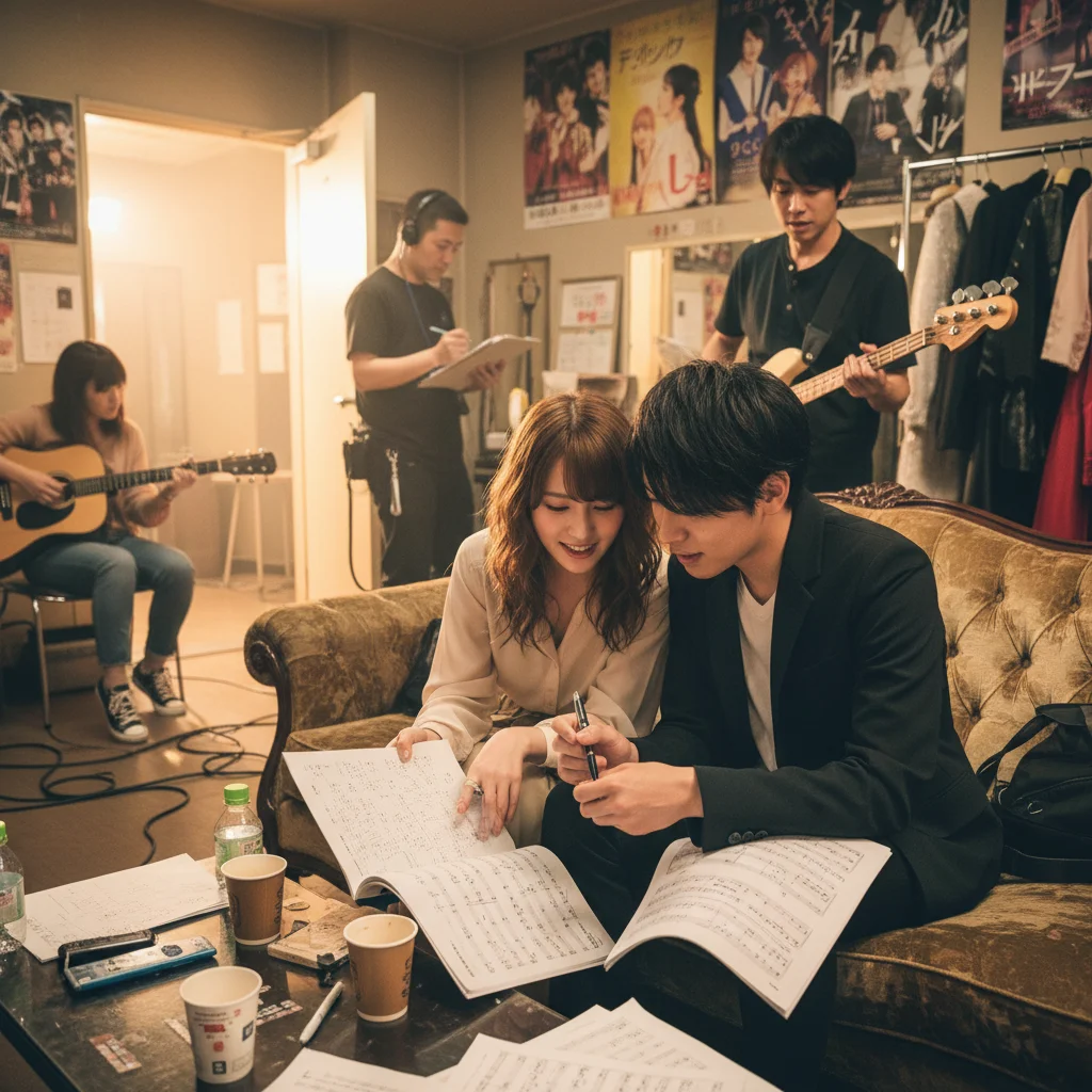 Two dorama idols collaborating backstage, discussing script and music, fostering teamwork