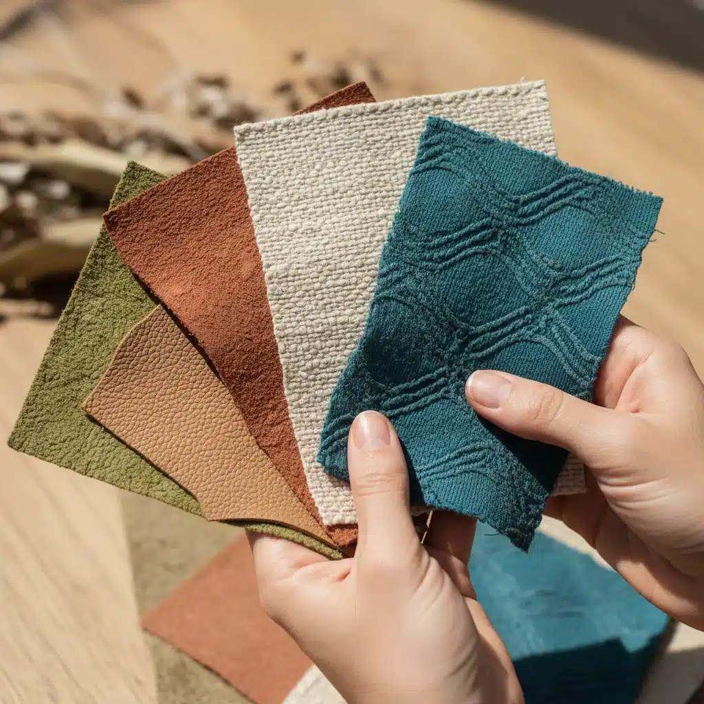 Hands holding diverse sustainable fabric swatches, including mushroom leather and recycled plastic, showcasing innovative textiles.