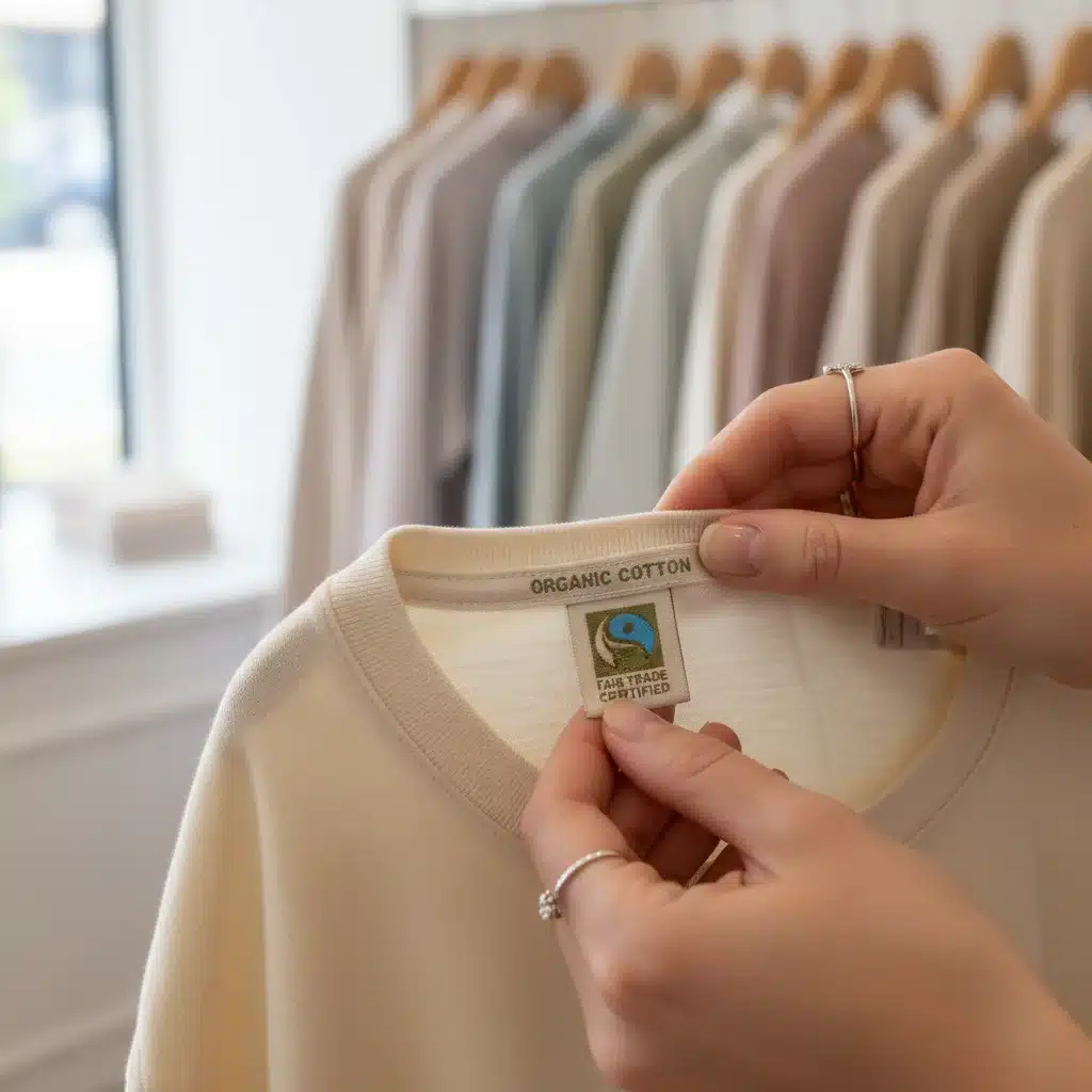 Hands inspecting an organic cotton fair trade certified clothing label
