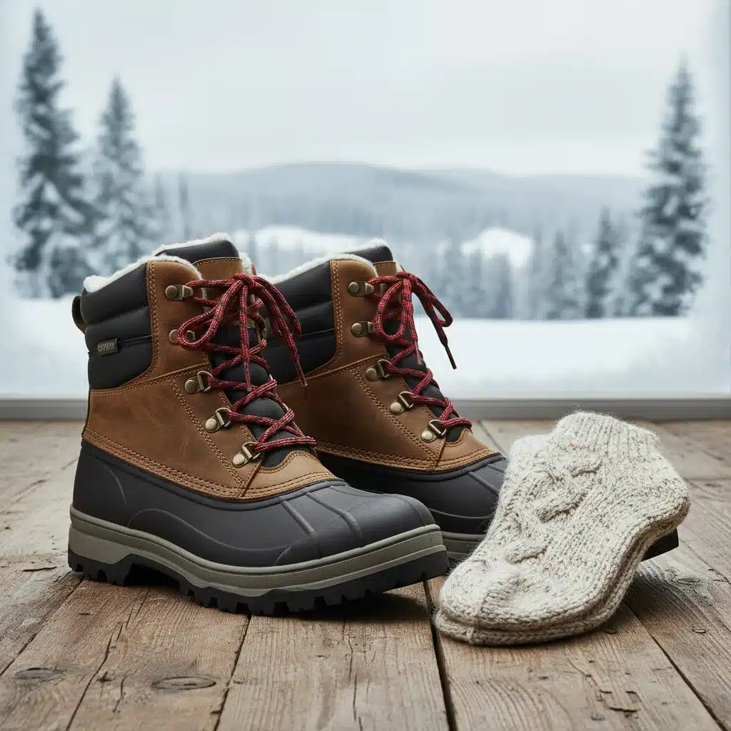 Waterproof insulated winter boots with wool socks on rustic floor