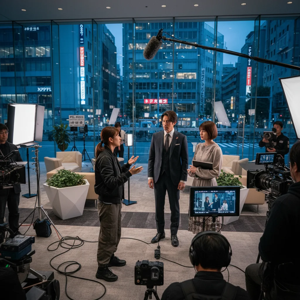 Japanese drama director with reunited lead actors on set