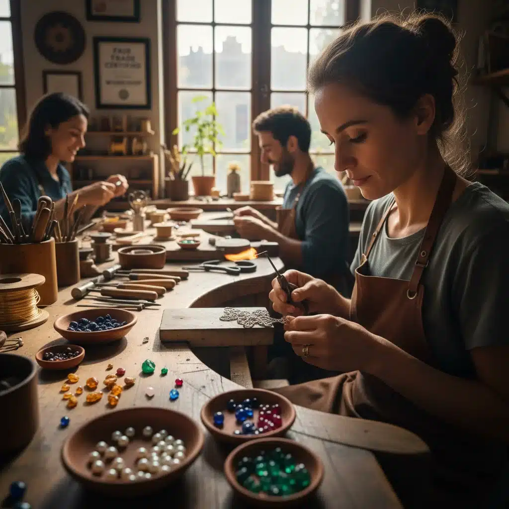 Artisan handcrafting ethical jewelry in a fair trade workshop