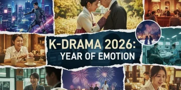 Dynamic collage of 2026 K-drama scenes capturing emotional and dramatic moments.