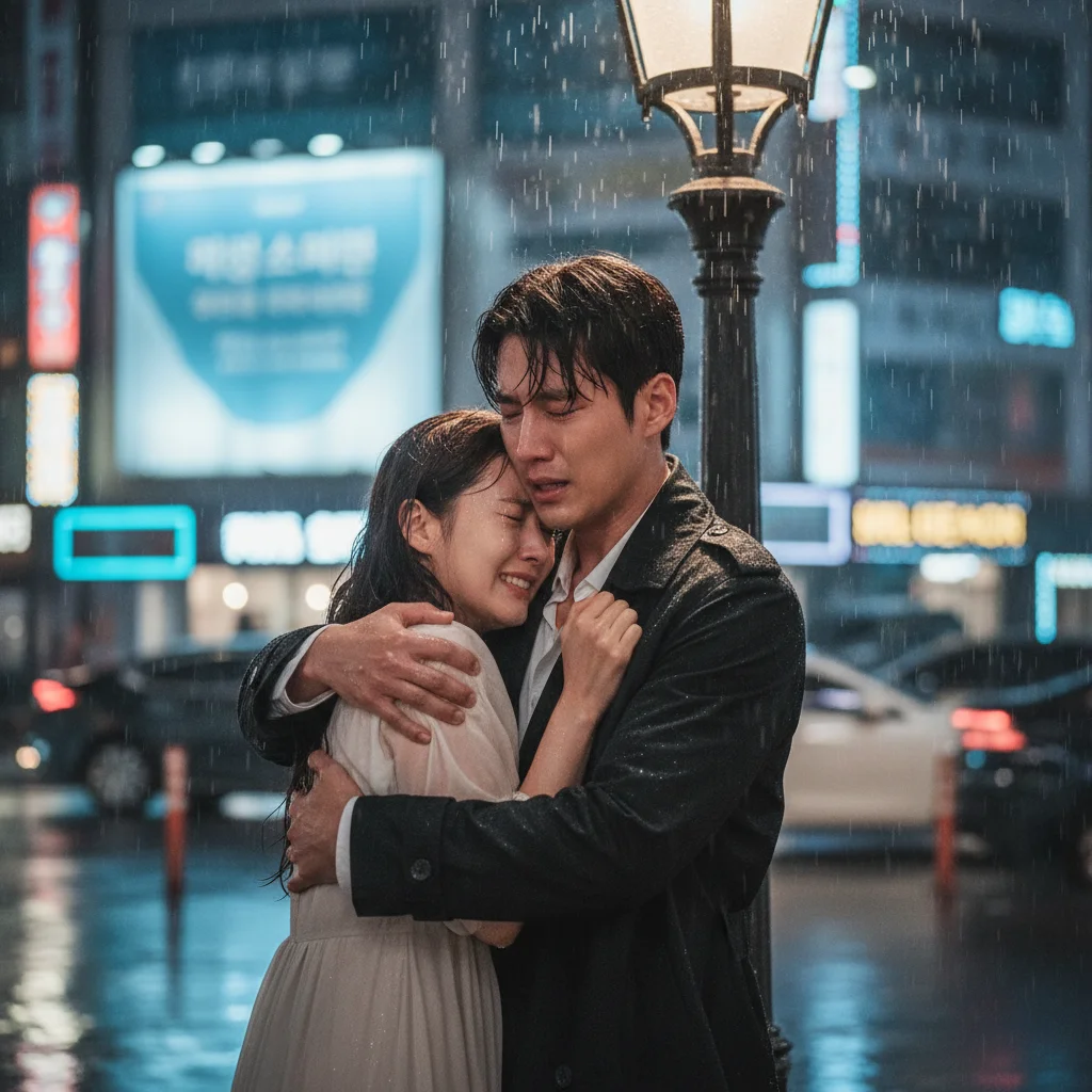 Emotional K-drama confession scene with two characters embracing under a streetlight.