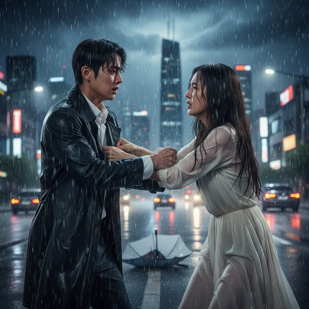 Intense K-Drama scene with main characters in a dramatic, rainy cityscape, symbolizing a potential plot twist.