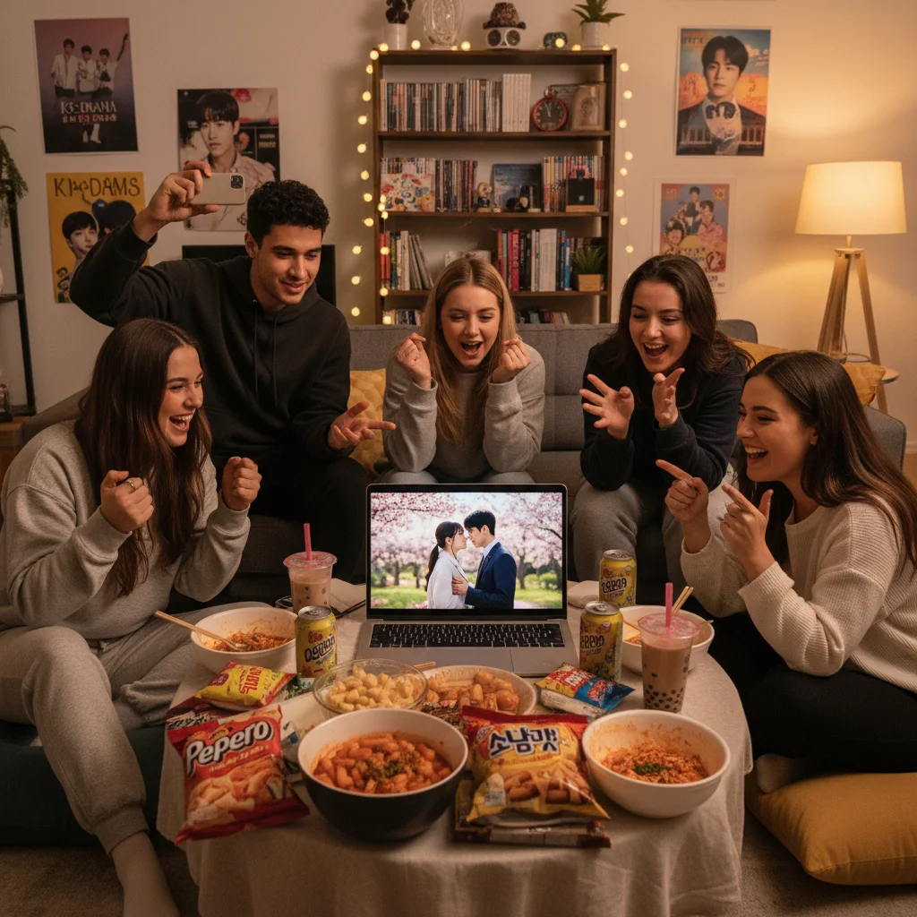 Diverse K-Drama fans passionately discussing plot twists and character fates in a living room setting.