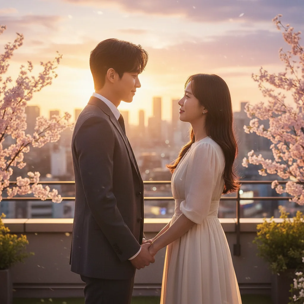 Romantic K-drama couple sharing a moment in an urban sunset