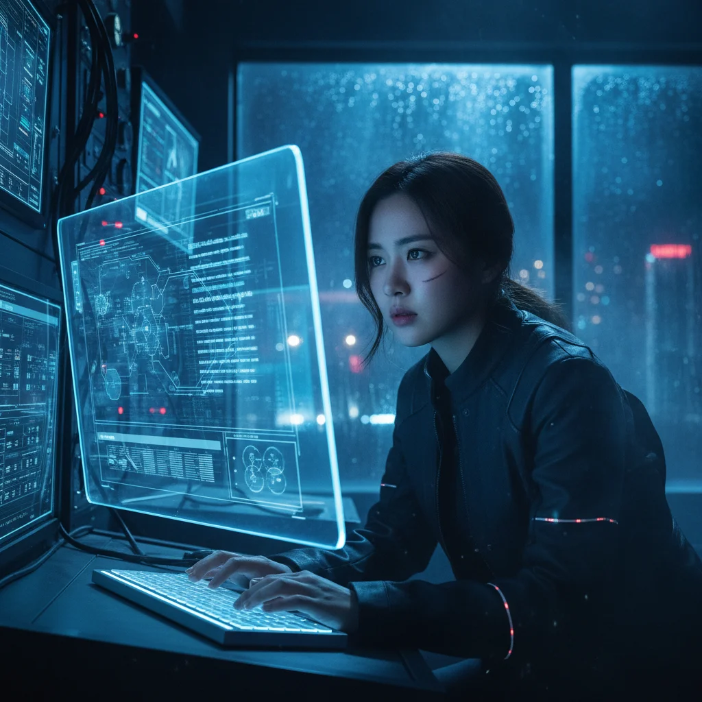 Intense scene from a trending K-drama thriller, futuristic setting