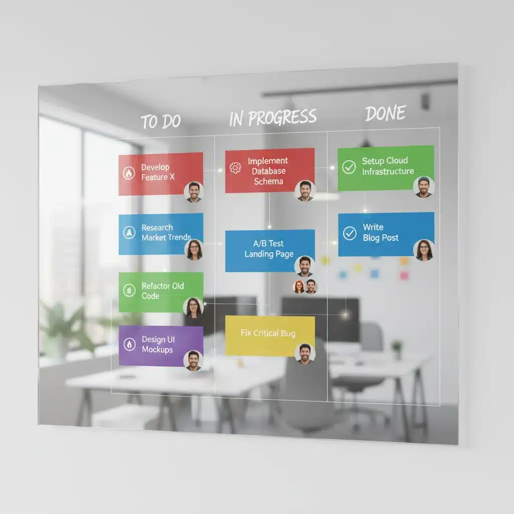 Kanban board showing tasks moving through different stages of completion