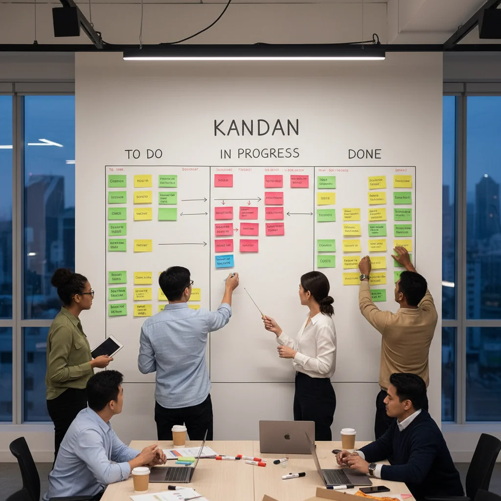 Team managing tasks on a physical Kanban board