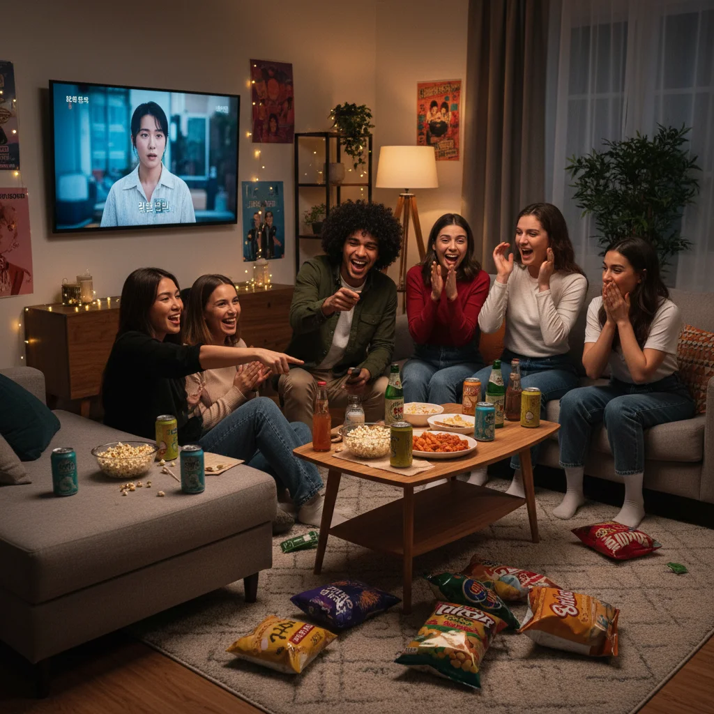 Diverse group of young adults enthusiastically watching a K-Drama on a streaming service at home.