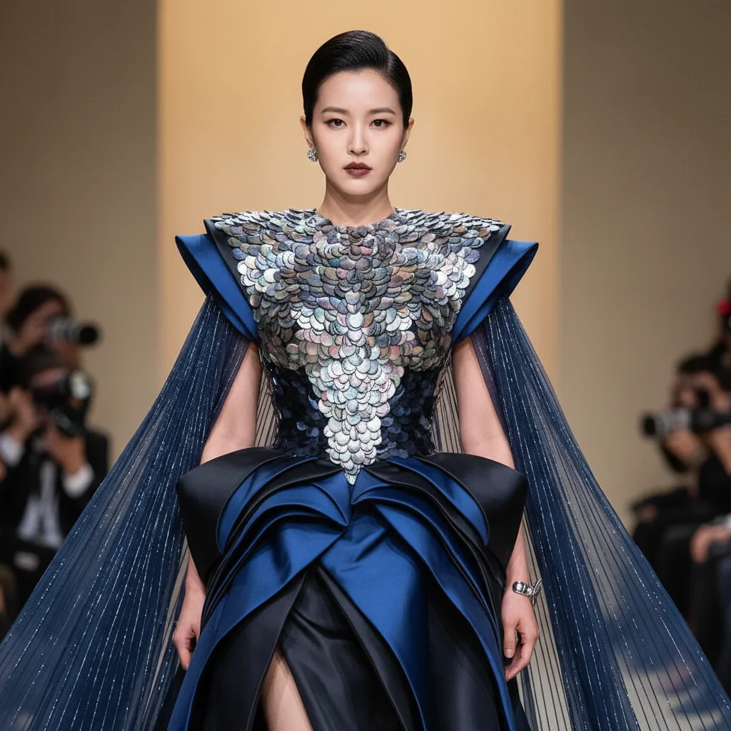 Kim Ji-won showcasing an exquisite haute couture gown on a fashion runway, embodying grace.