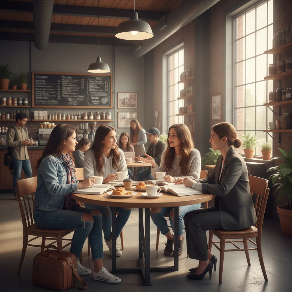 Korean protagonist engaging with diverse American characters in a bustling U.S. coffee shop scene from 'Seoul Meets States.'