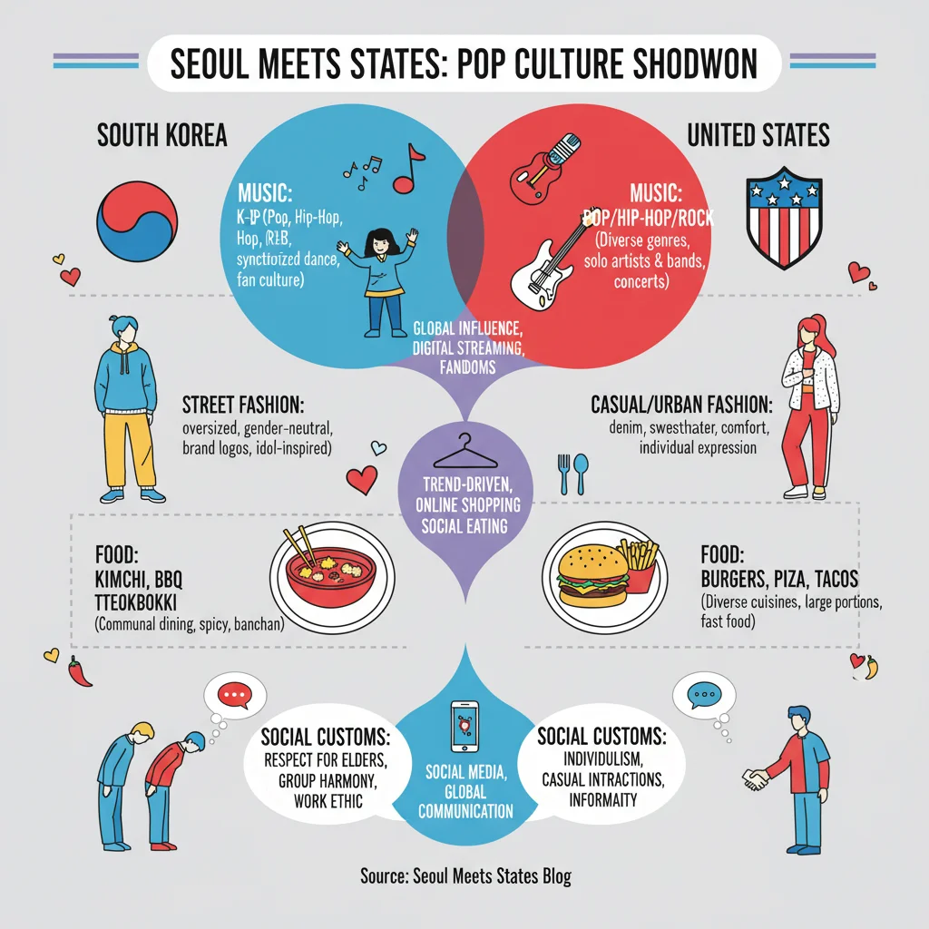 Infographic comparing Korean and U.S. popular culture aspects: music, fashion, food, and social customs.