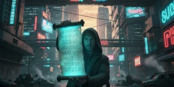 Protagonist holding glowing ancient scroll in dystopian city