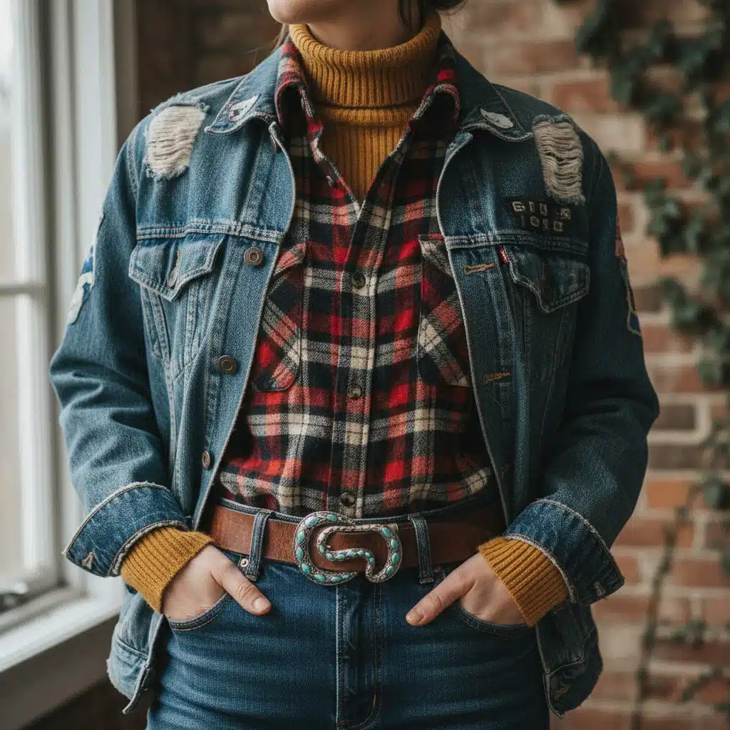 Detailed view of layered fall outfit with denim jacket and plaid shirt