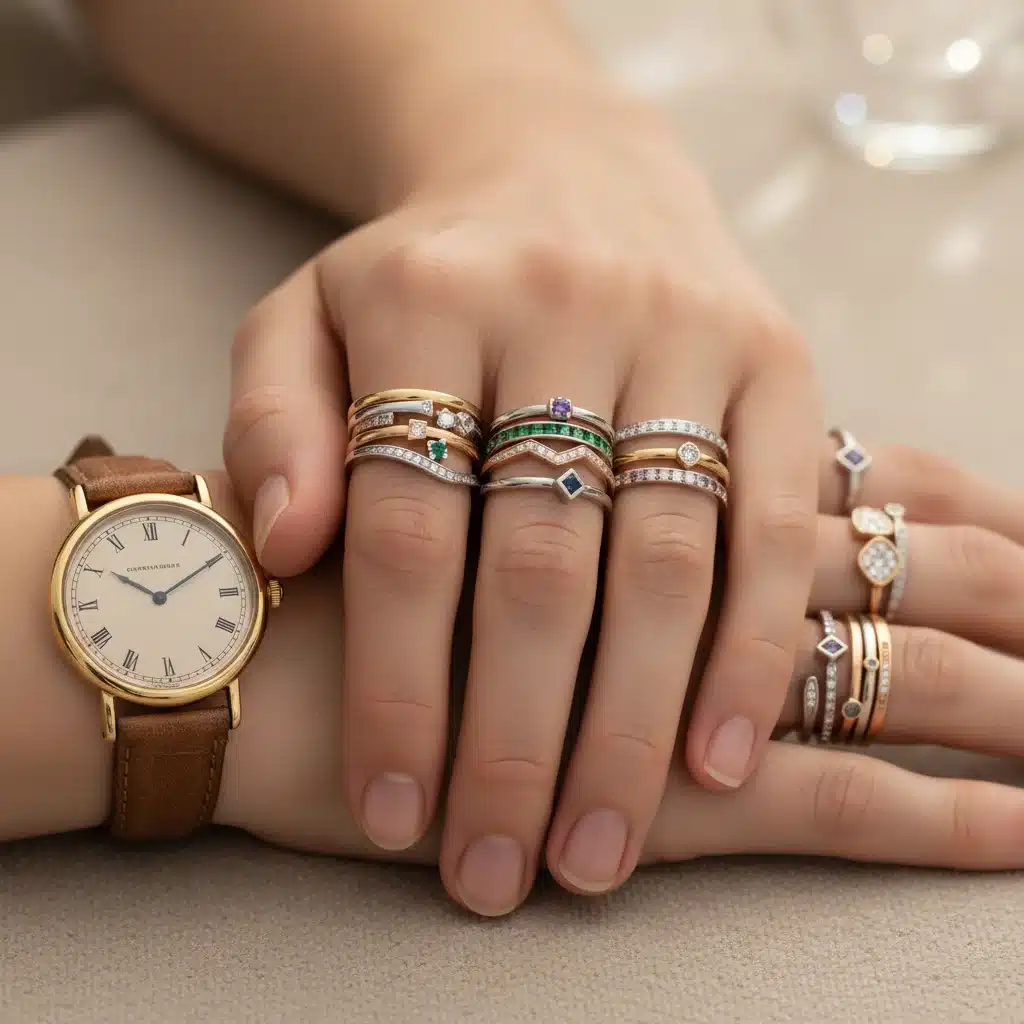 Close-up of hands wearing layered rings and a classic wristwatch, showcasing intricate jewelry details.