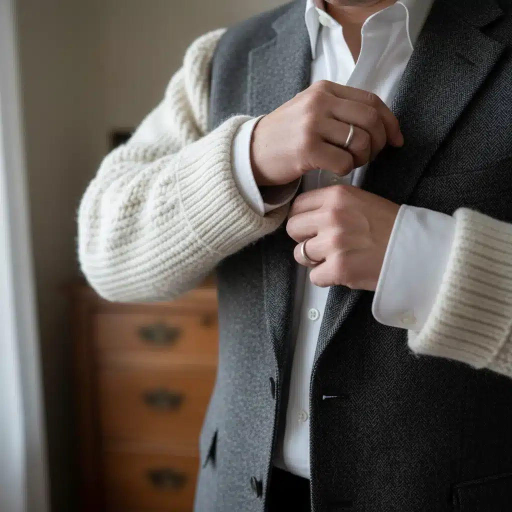 Close up of hands adjusting a layered outfit with sweater, shirt, and blazer