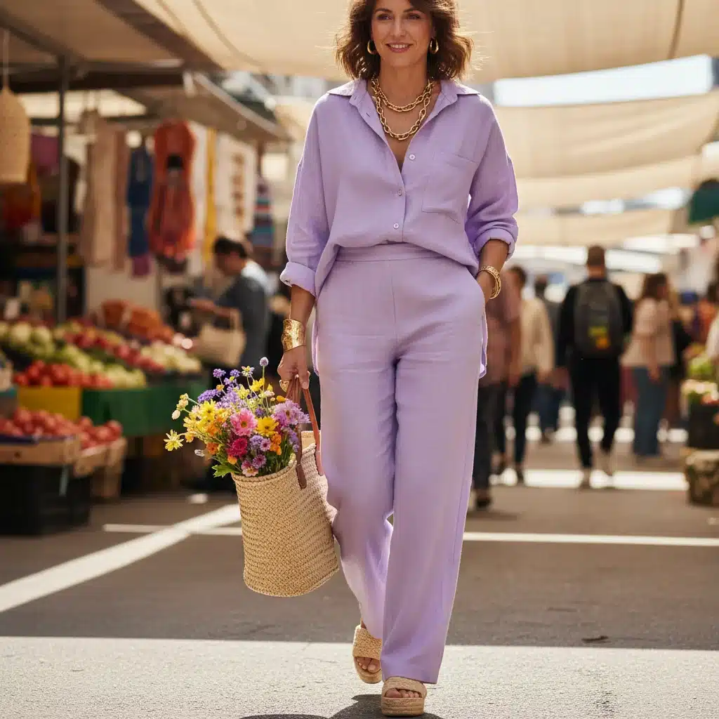 Woman in linen co-ord set with gold jewelry at market