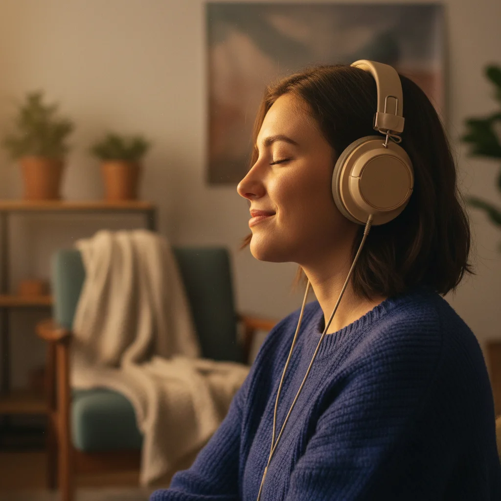 Person listening intently to dorama soundtrack with headphones, showing emotional connection.