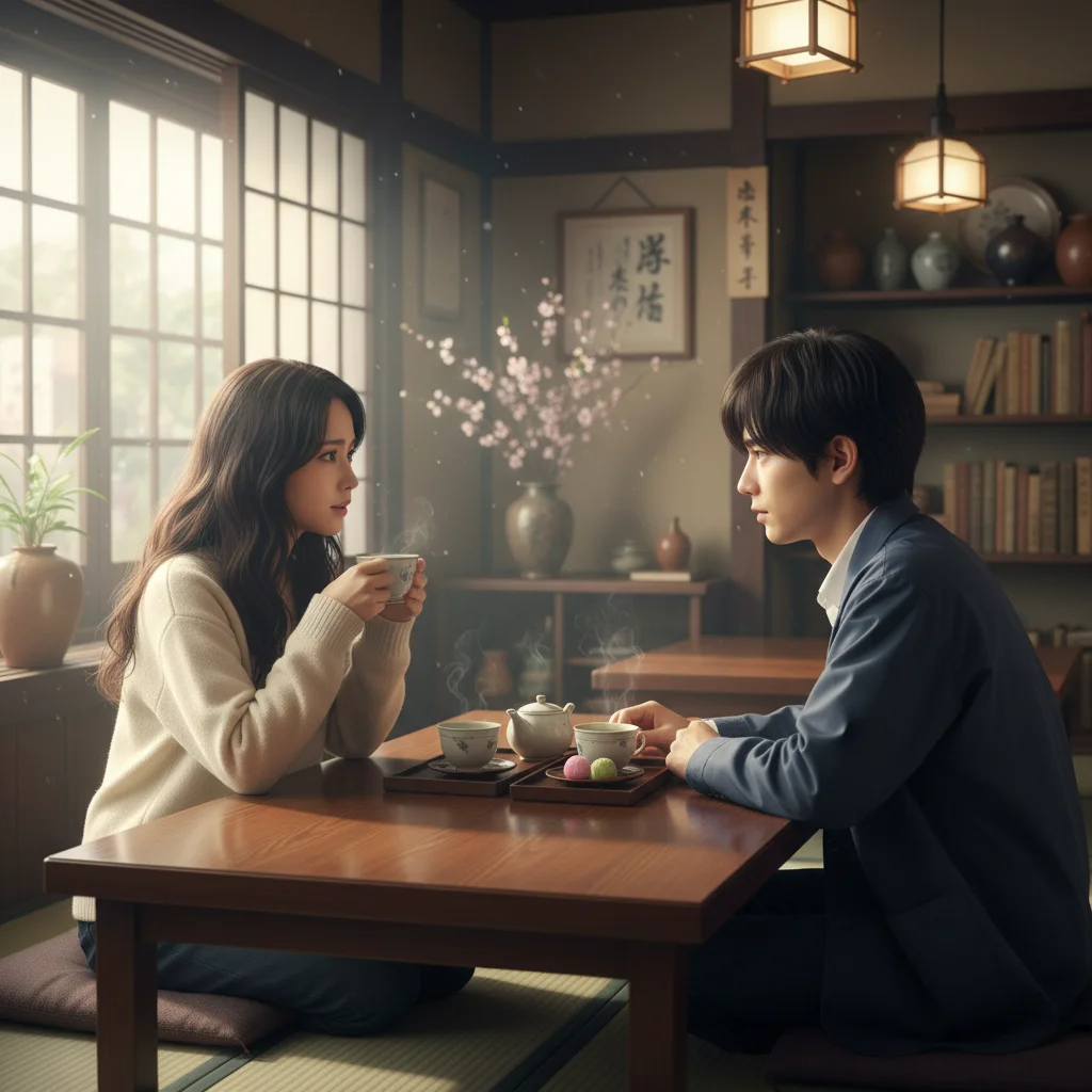 Main characters of 'Love's Echo' in an emotional cafe scene