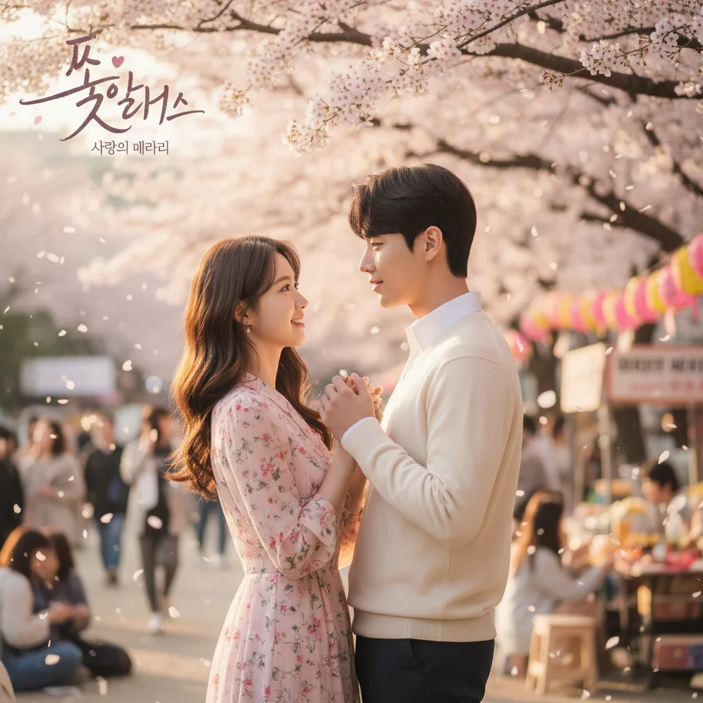 Young couple sharing a tender, romantic moment under cherry blossoms in a Seoul park from 'Love's Echo', symbolizing K-drama romance.