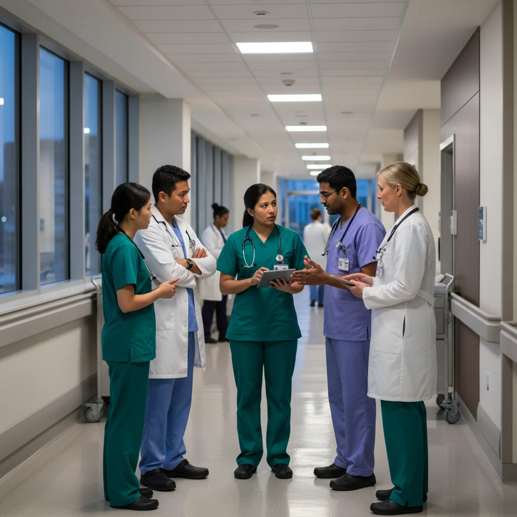 Medical team discussing patient care in a hospital hallway