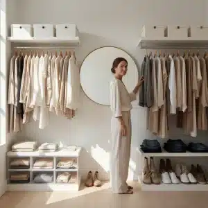 Organized minimalist capsule wardrobe with essential clothing items