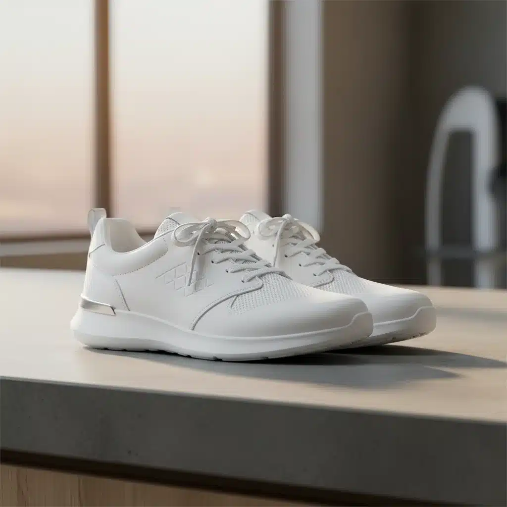 Close-up of minimalist white sneakers, perfect for versatile styling