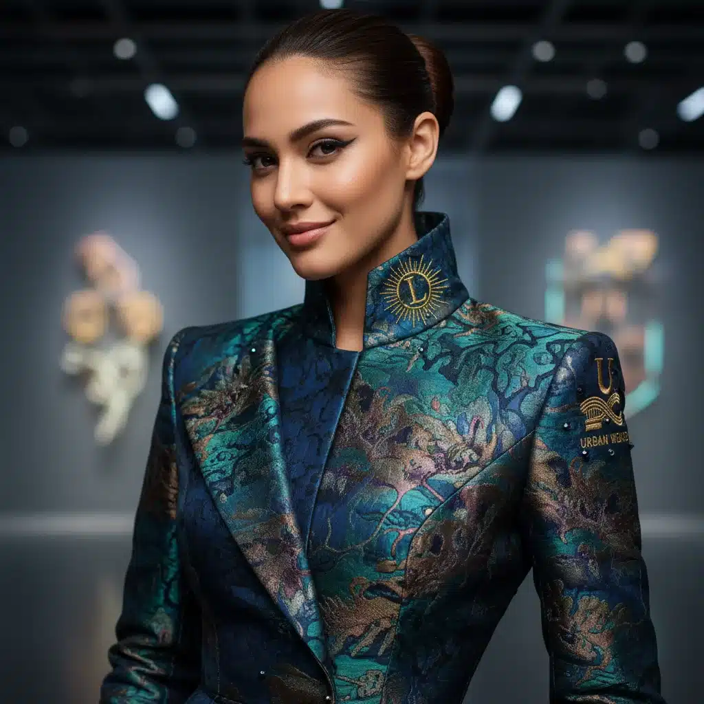Model showcasing intricate details of a designer collaboration piece