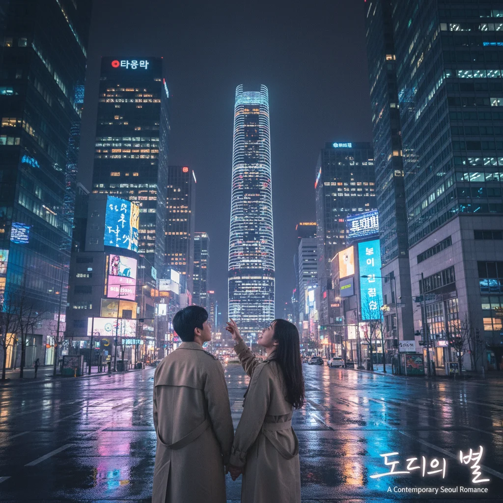 Romantic couple in a modern city setting, representing a contemporary K-drama.