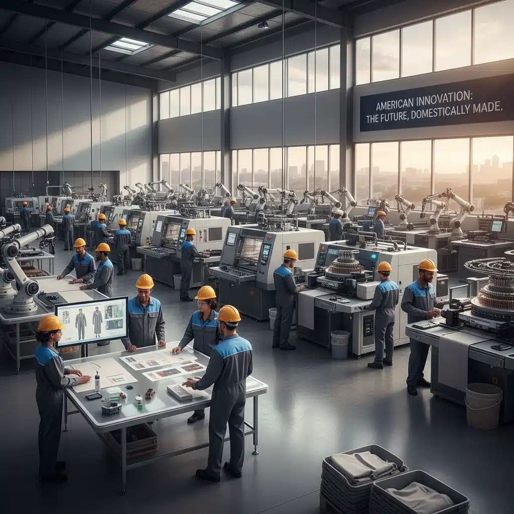 Modern US factory floor with advanced machinery and diverse workforce, symbolizing reshoring and domestic production.