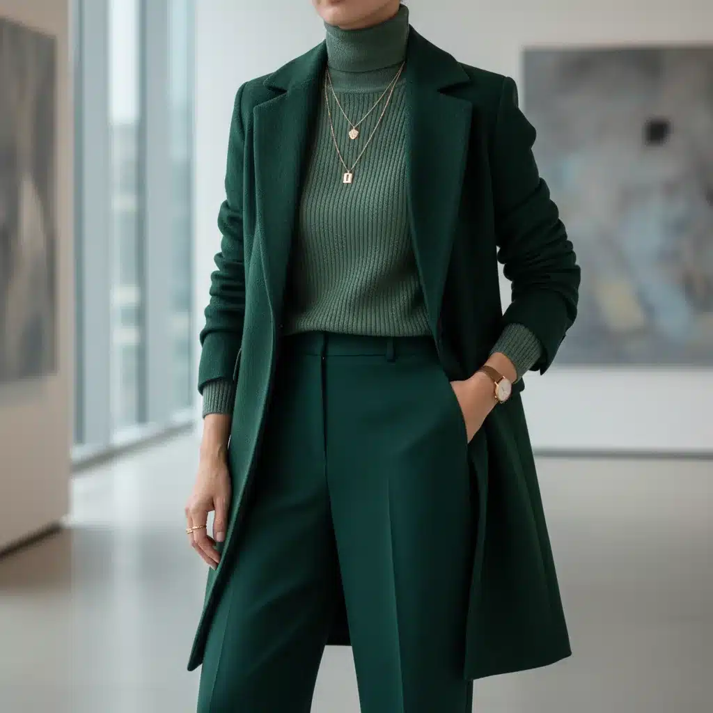Monochromatic layering outfit in shades of deep forest green, sophisticated look