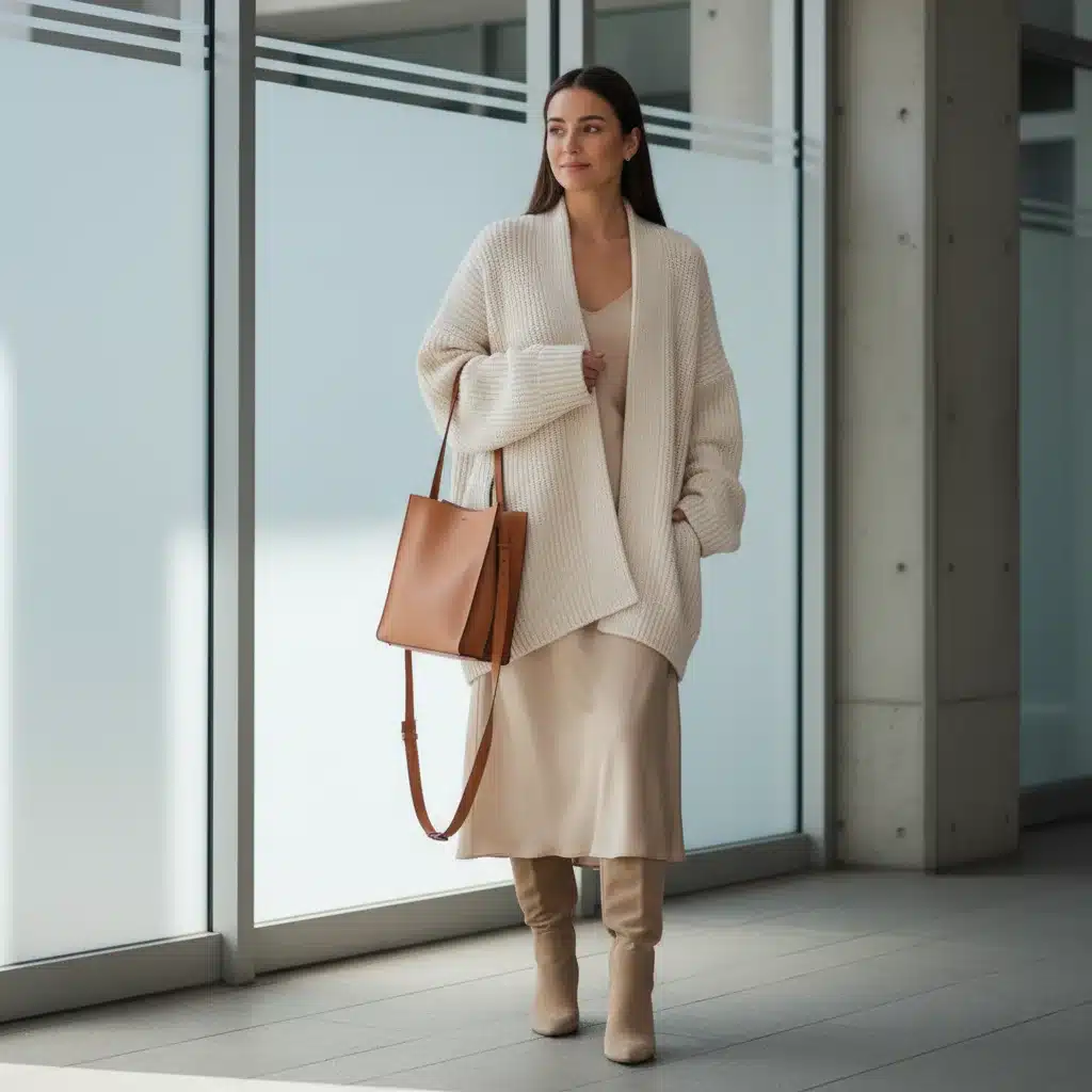 Monochrome cream and beige fall outfit with knit cardigan and slip dress